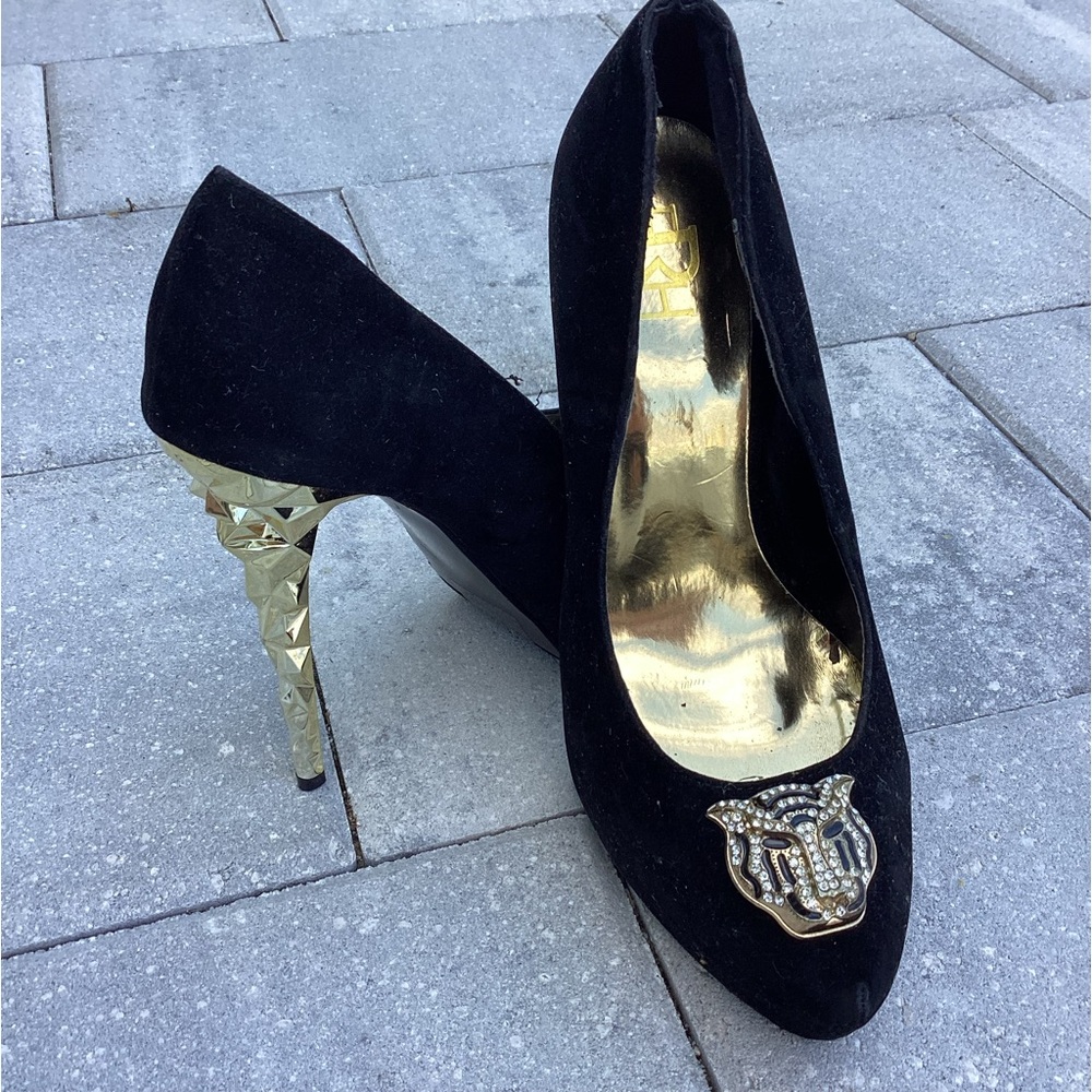 FHR Y2K gold black faux suede stiletto glam platforms geometric gold heel tiger